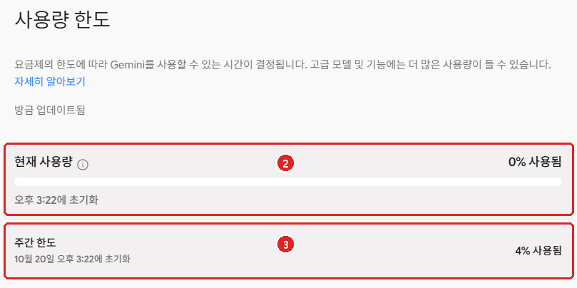 제미나이 웹의 사용량 한도 화면: 현재 사용량과 초기화 시각, 주간 한도와 초기화 날짜